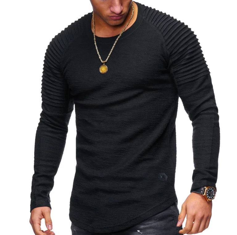 

Oem Custom Solid Color Long Sleeve Round Neck Pullover Casual Striped T Shirt For Men
