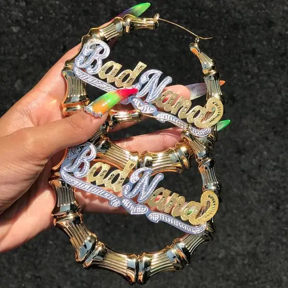 

Permanent Color Custom Personalized Name Punk Style Gold Plate Ear Rings Piercing 316L Stainless Steel Jewelry Women Earrings, Gold,silver