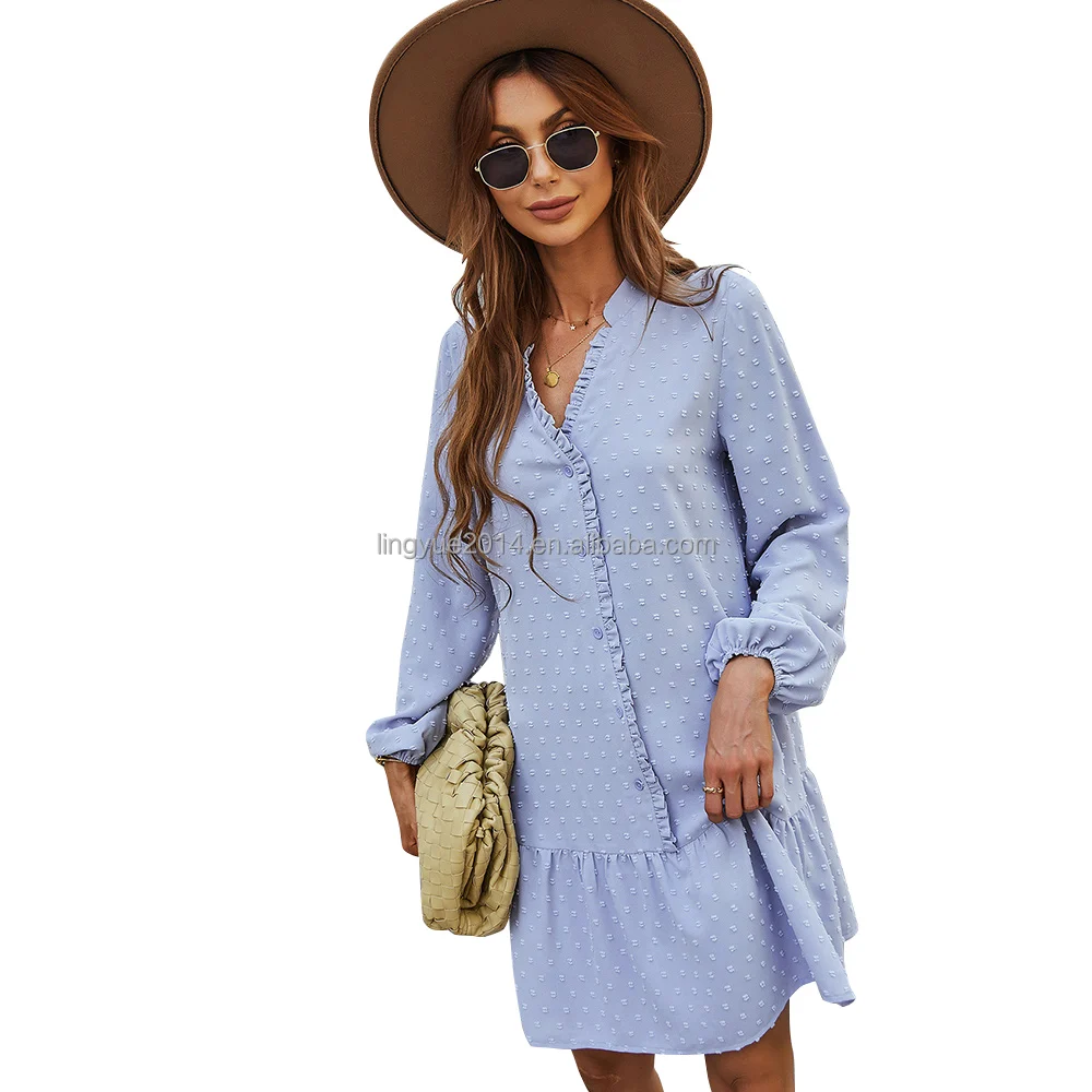 

Self developed and designed leisure vacation dress 2022 spring and Summer Long Sleeve Ruffle solid A-line skirt, 4 colors