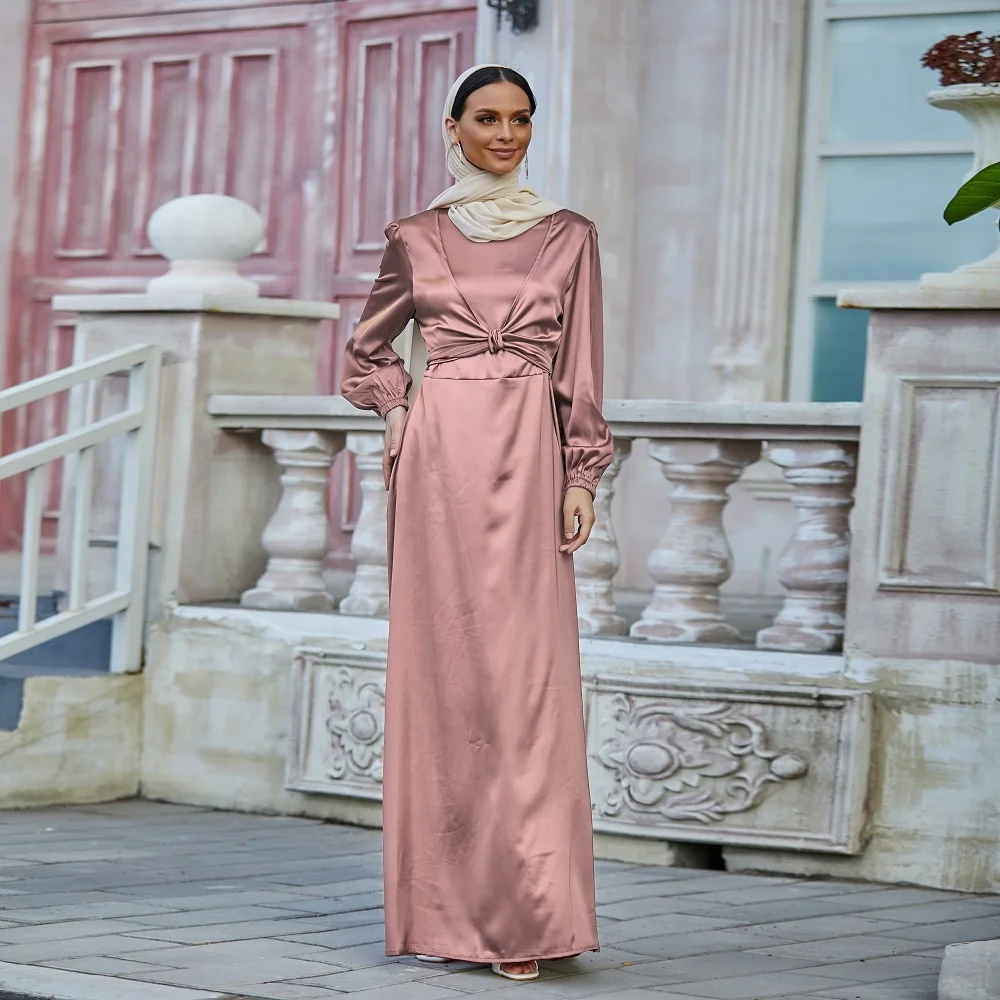 

High Quality Satin Abaya dress Muslim women Dubai Abaya Modest luxury dress Islamic Clothing, Black, green, wine red, pink, light purple