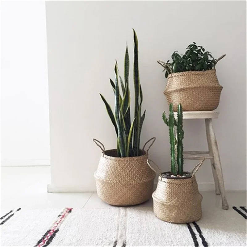 

Customized Wholesale European Style Belly Straw Basket Woven Seagrass Natural Rattan Handmade Storage Basket with Handles