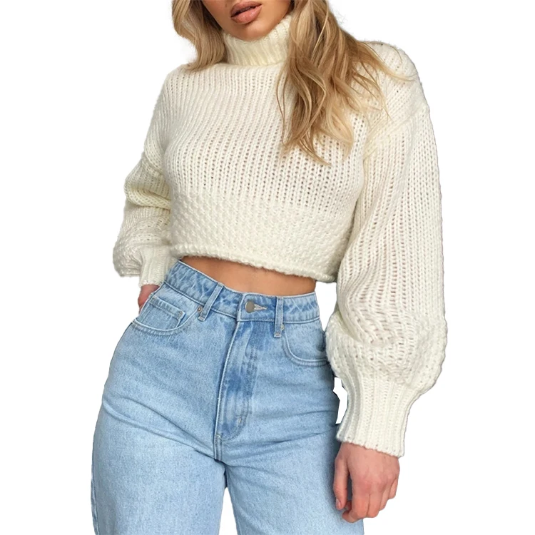 

Fashion Temperament Solid Color Women Sweater Pullover Fashion Loose High Collar Short Women Knitted Sweaters