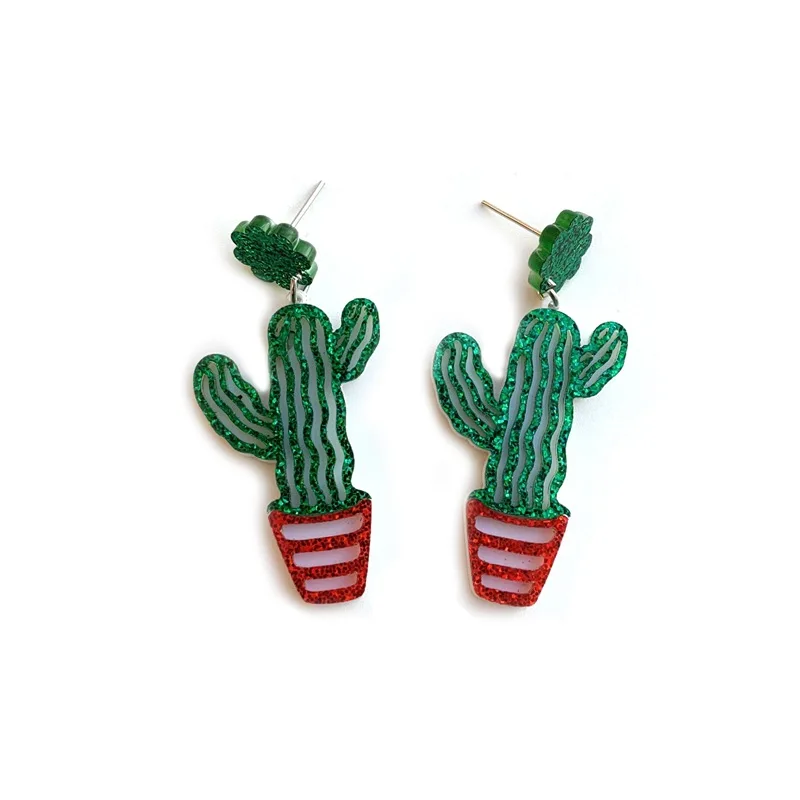 

2023 Green Cactus glitter Powder personality exaggerated potted ornaments Resin print pendant glamour earrings jewelry