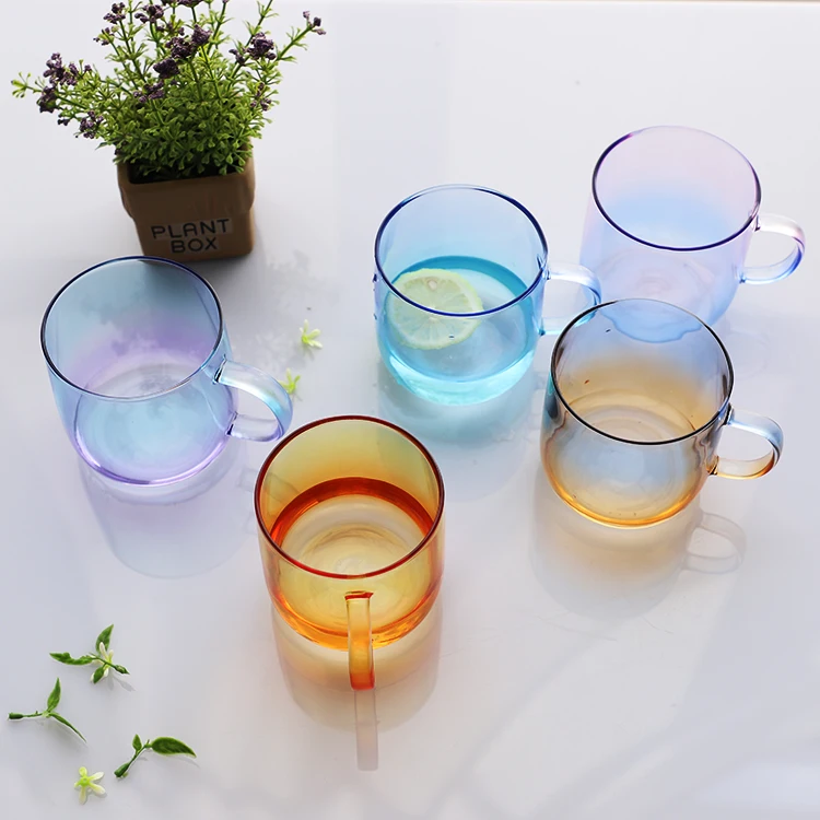 

Factory Directly Provide reusable glass tumbler glass mug with handle, Clear, green, blue, teal , yellow, amber, white , black , jade