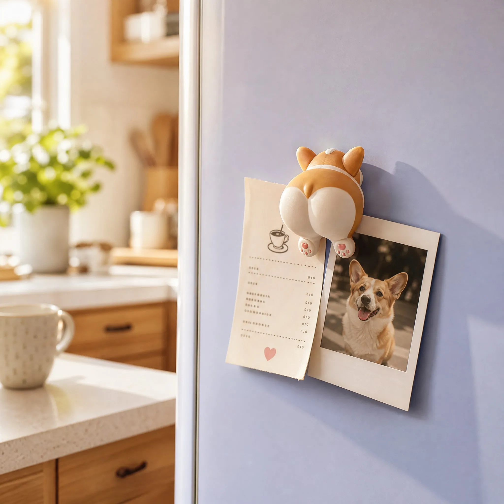 Cozy Sunlit Kitchen Scene Showing 3D Corgi Rear Magnet Holding Cafe Menu and Dog Photo