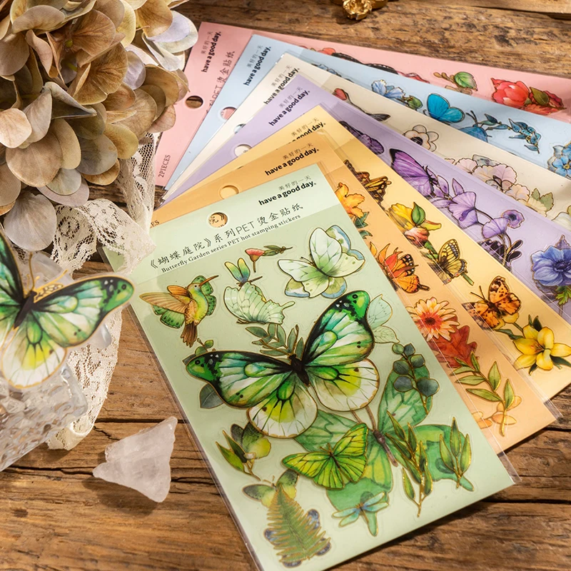 

8 design 2 pcs/set PET stickers butterfly flower gilding decoration waterproof stickers pack for Kraft Scrap Book JIUMO