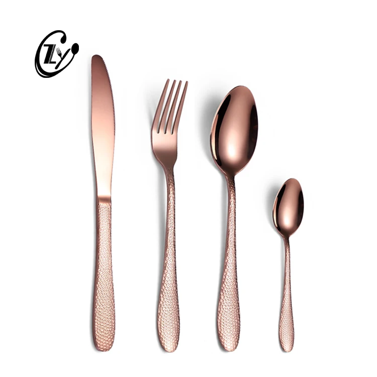 

Gold Plated Flatware Set Hammered Pattern Handle Stainless Steel Cutlery Set