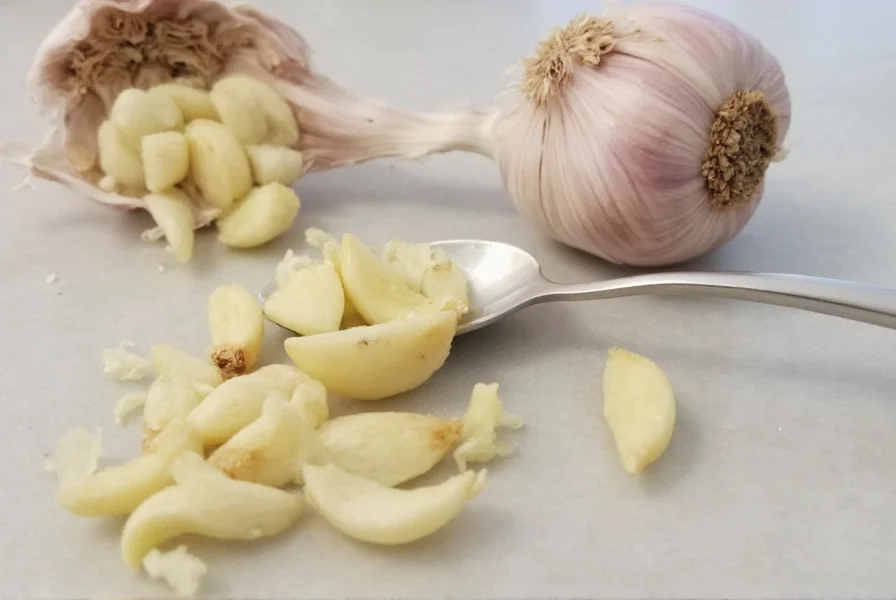 Garlic cloves next to teaspoon measurements showing conversion