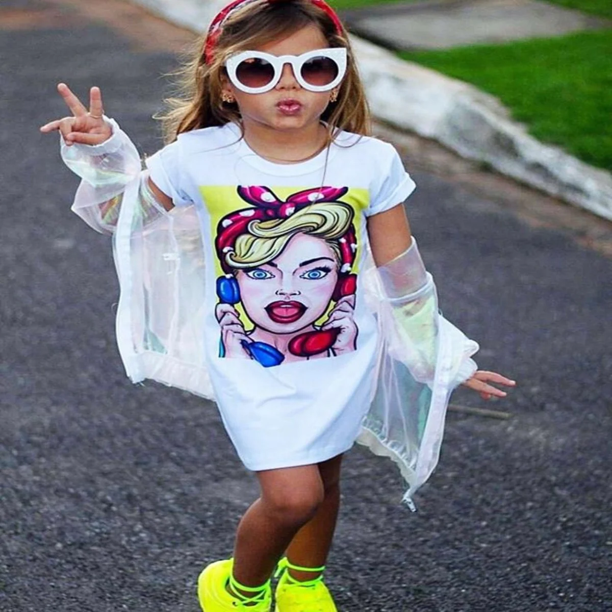 

Infant Kids Baby Girls Fashion 2Pcs Set Outfits Girls Printing Short Sleeve Long Shirt Dress +Laser Coat Outfits, As picture