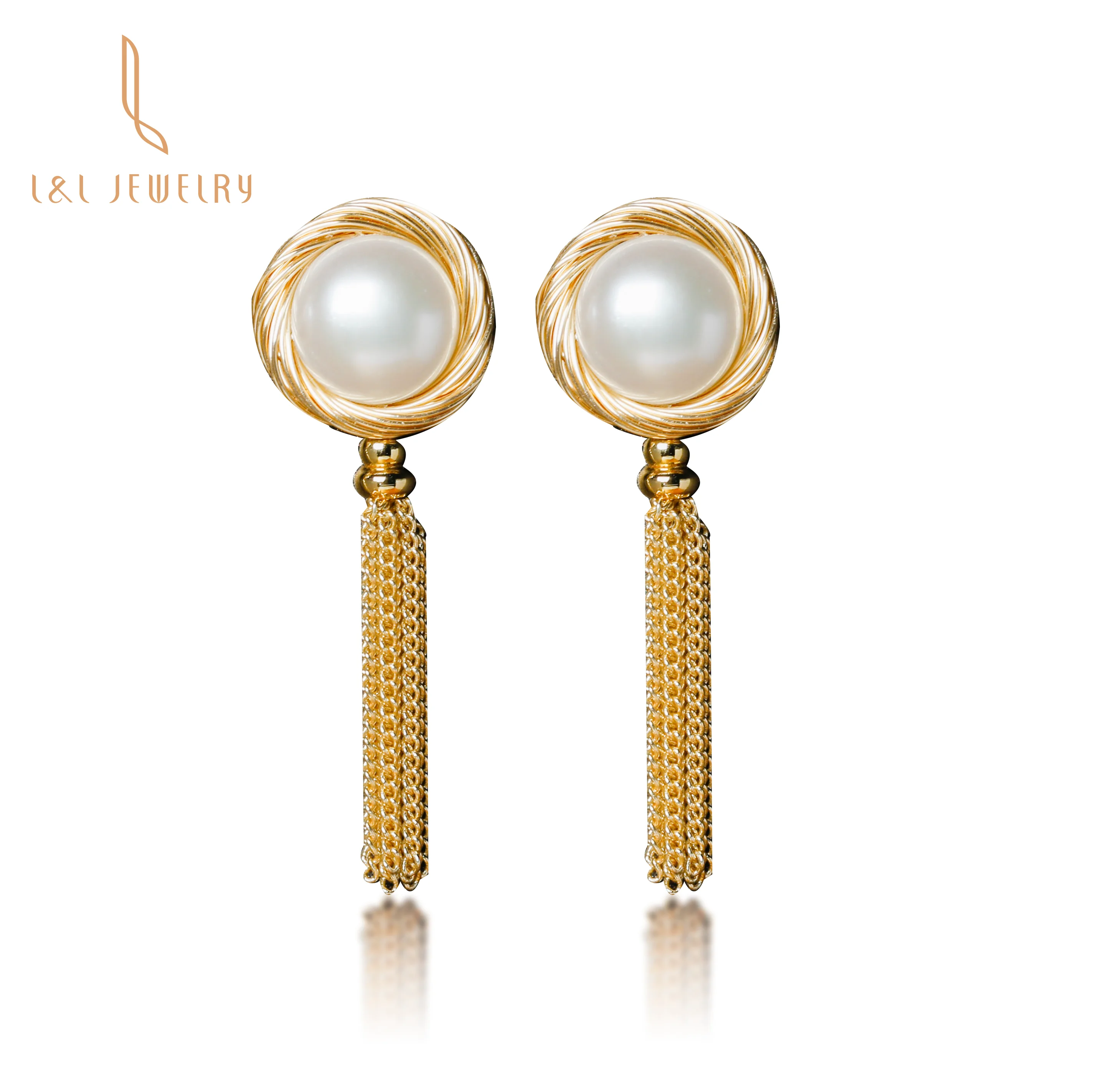 

Fashion 9K Gold Filled Hand Made DIY Jewelry Tassel Pearl Dangle Earrings 15mm Pearl Jewelry Lady Earring drop eardrop, Gold+white