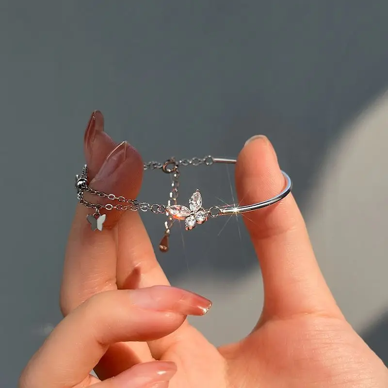

Exquisite Zircon Adjustable Butterfly Bracelet 925 Silver Diamond Crystal Bracelet for Women Girls