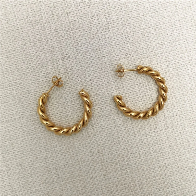 
Fashion women 30mm hoop stud stainless steel strand earring twist gold plated earrings 