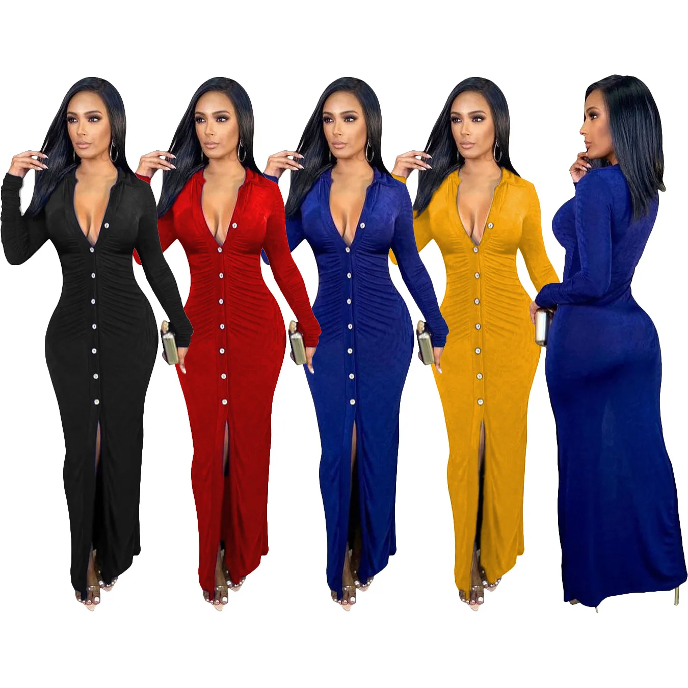 

Casual Dress Solid Color Women 2021 Sexy V Neck Button Long Sleeve Dress