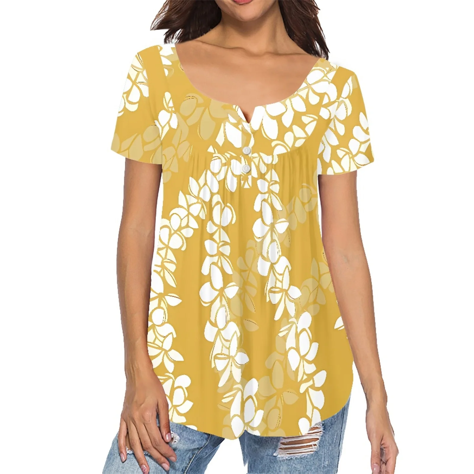 2025 New Classical Women's Summer Casual Short Sleeve Tunic Blouse Tops Yellow Puakenikeni Hawaiian Design Vintage Print Demand