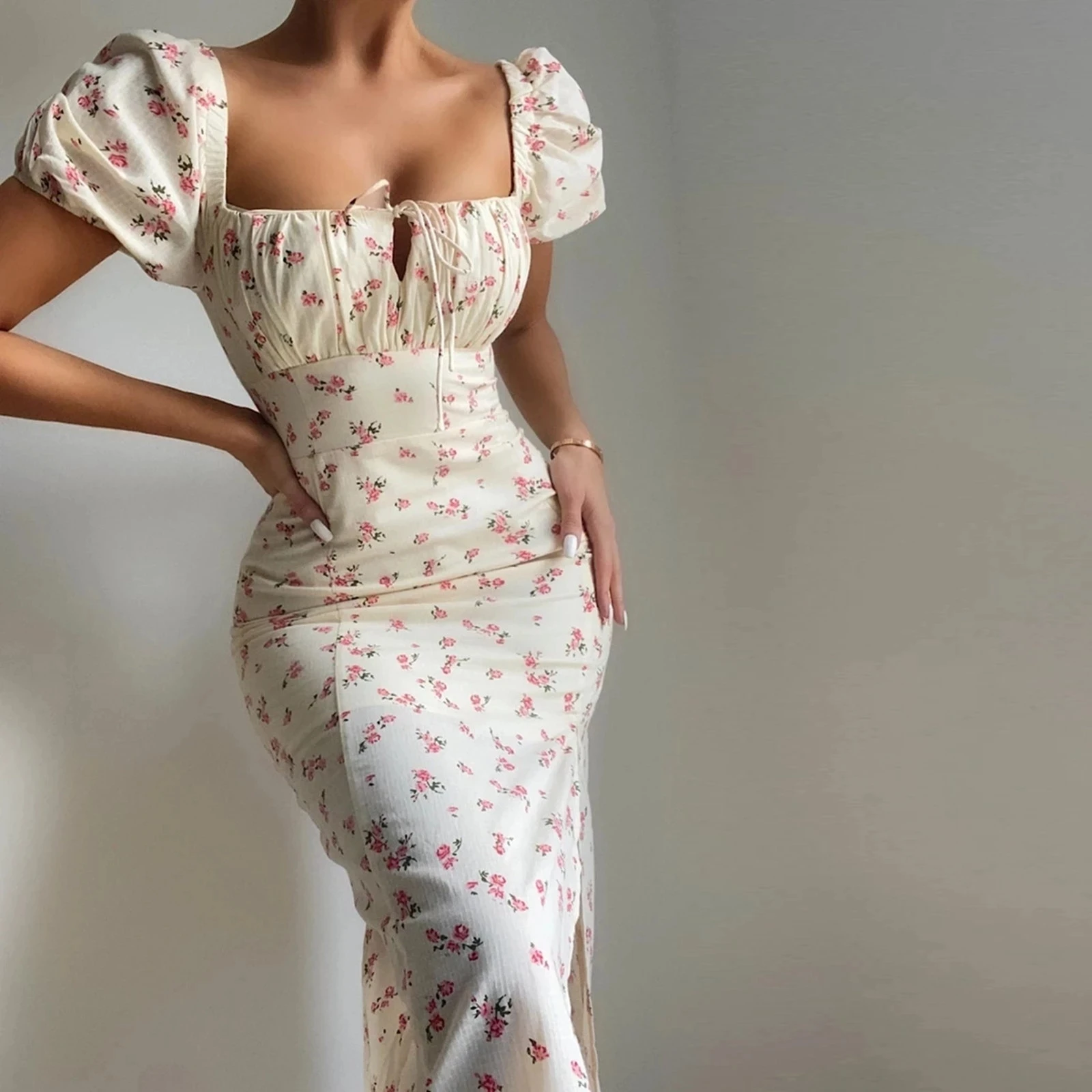 

Women Summer Dress 2021 Robe White Elegant Ladies Backless Clothes Puff Sleeve Vintage Fashion Sexy Dresses Split Dress, Picture