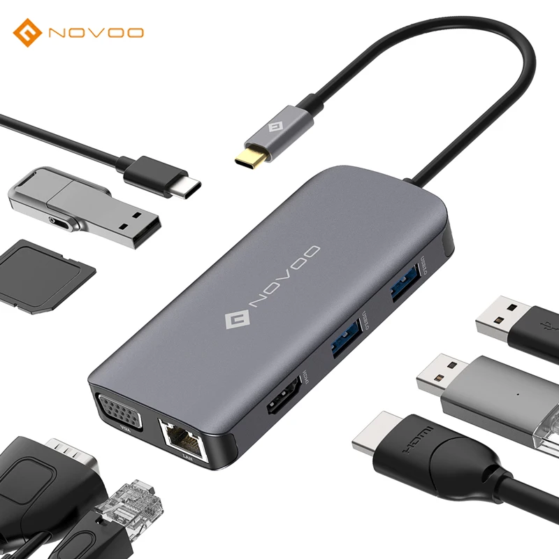 

NOVOO Type C 9port Hub to 3*USB3.0+SD/TF Card Portable Hub USB C 1080P@60Hz VGA Output