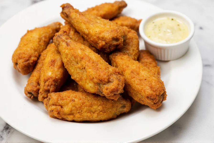 Perfectly coated chicken wings with golden lemon pepper sauce on white plate