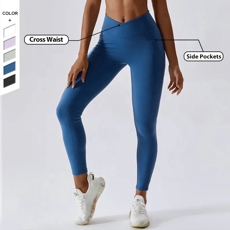 

New Style Cross Waist Nude Pants Quick Drying Pockets Workout Breathable Yoga Leggings For Women