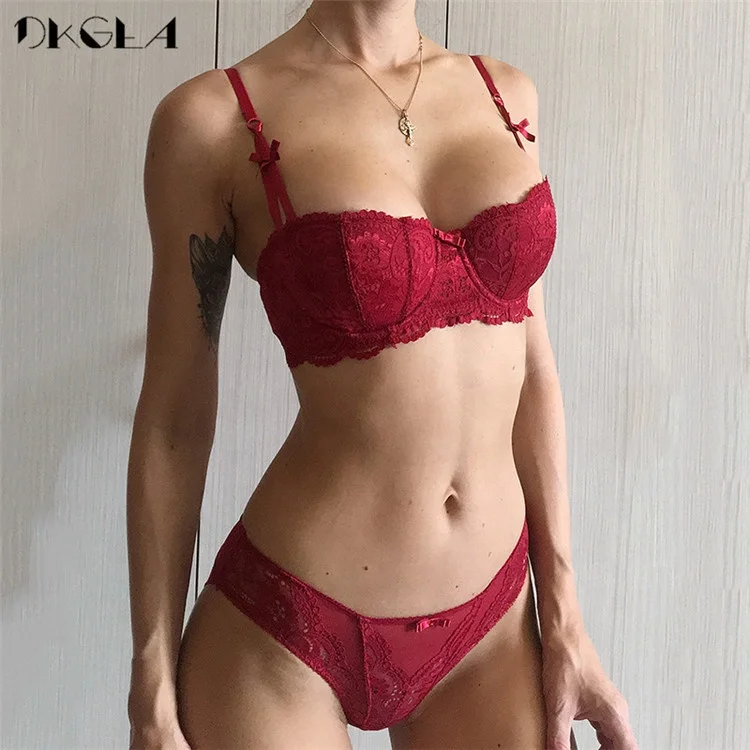

New Half Cup Bra Panties Sets Embroidery Red Women Lingerie Set White Brassiere Thin Cotton Sexy Underwear Set Lace Bra C D Cup