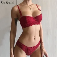 

New Half Cup Bra Panties Sets Embroidery Red Women Lingerie Set White Brassiere Thin Cotton Sexy Underwear Set Lace Bra C D Cup