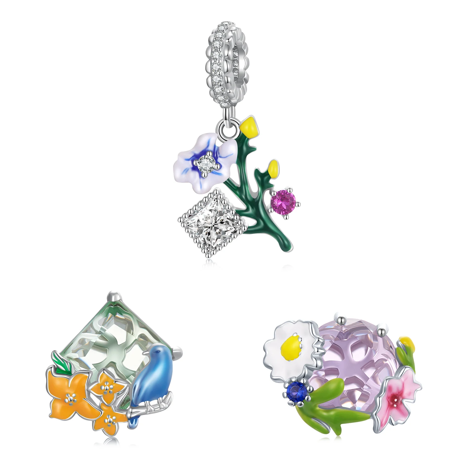 

Jiangyuan world of flowers 925 sterling silver charms colorful flower and bird hanging bead garden pendants for jewelry making