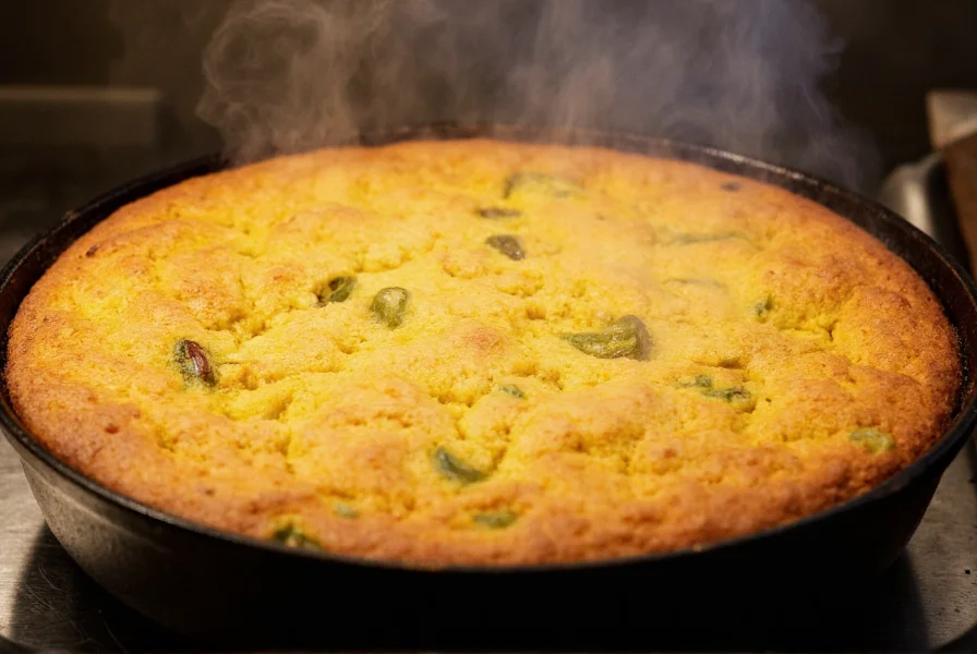 Golden brown jalapeno cornbread with visible pepper pieces, baked in cast iron skillet, slightly steaming