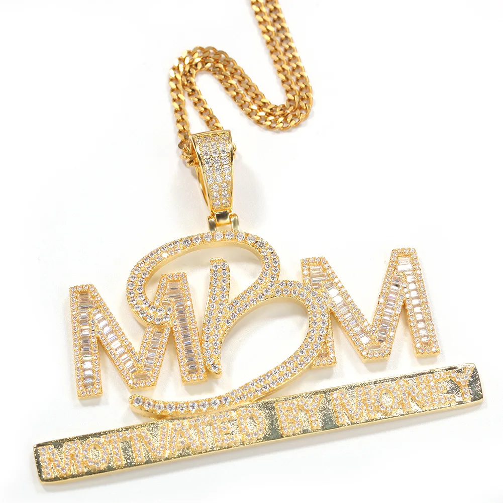 

18k Gold Plated Bronze Zircon Motivated By Money Letter Pendant Necklace Hip Hop Jewelry