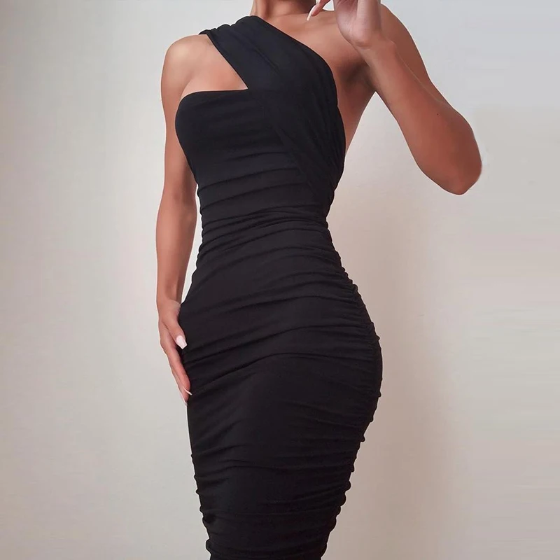 

Bellewholesale----- LZR2465 One Shoulder Sleeveless Ruched Bodycon Dress women