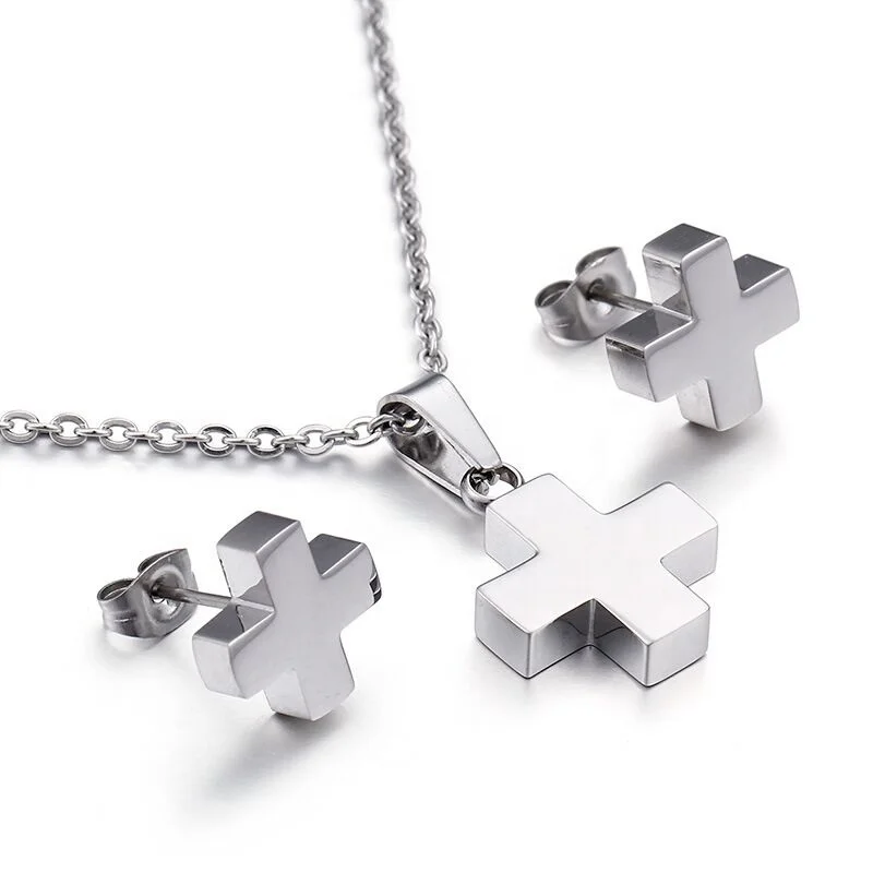 

High Quality Fashion Simple Jewelry 316L Stainless Steel Hip Hop Cross Necklaces And Earrings Jewelry Sets, Silver