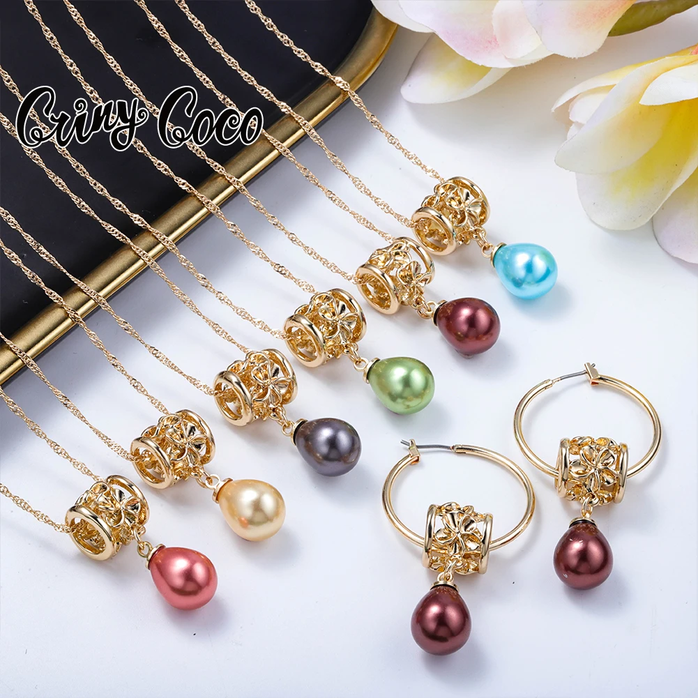 

Cring CoCo Fashion Bijoux Water Drop Pearl Necklace Set Hawaiian 14k Gold Polynesian Hawaiian Jewelry Wholesale Earrings, Picture shows