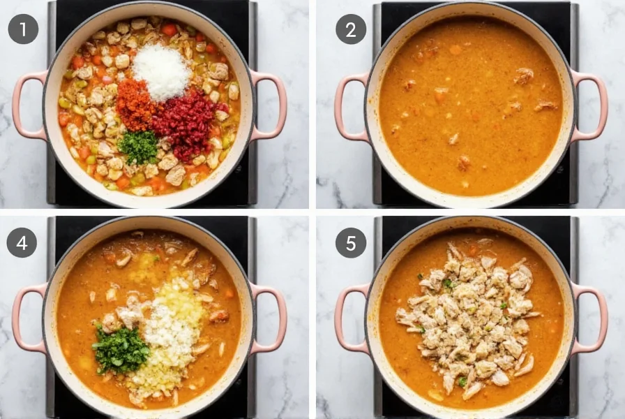 Step-by-step white chicken chili cooking process showing ingredients being added to a large pot on stove