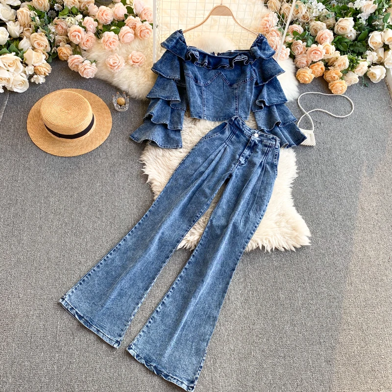 

2021 New Women's Denim Set Autumn Outfits Square Neck Ruffled Long Sleeve Top High Waist Flared Jeans Female Two-Piece Pants Set, Picture color