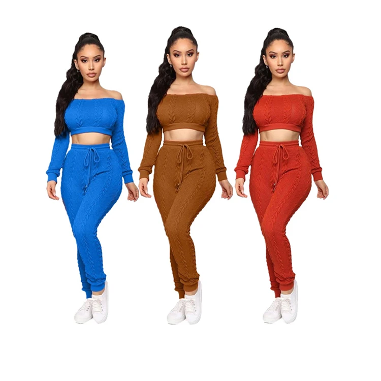 

Casual Slash Neck Off Shoulder Long Sleeve Two Piece Sweater Set Women Fall Two Piece Sets Two Piece Pants Set Women Clothing