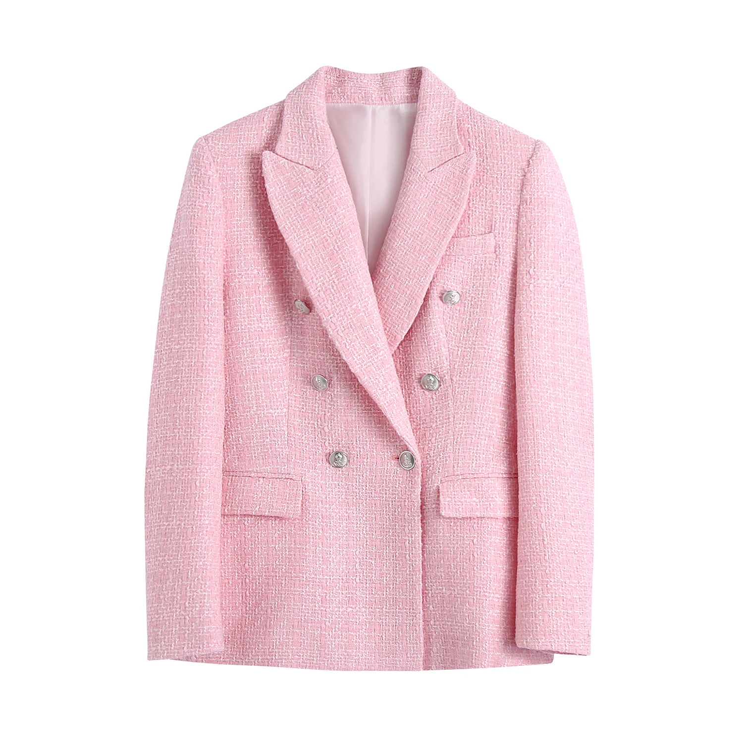 

Pink color double breasted women blazers ladies fashion wholesale tweed jacket
