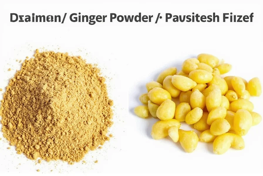 Side-by-side comparison of ground ginger powder and fresh ginger root showing texture and color differences for culinary substitution guide