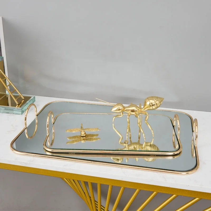 

ins Nordic style gold edge mirror glass tray light luxury iron art Rectangular handle tray home living room storage decoration