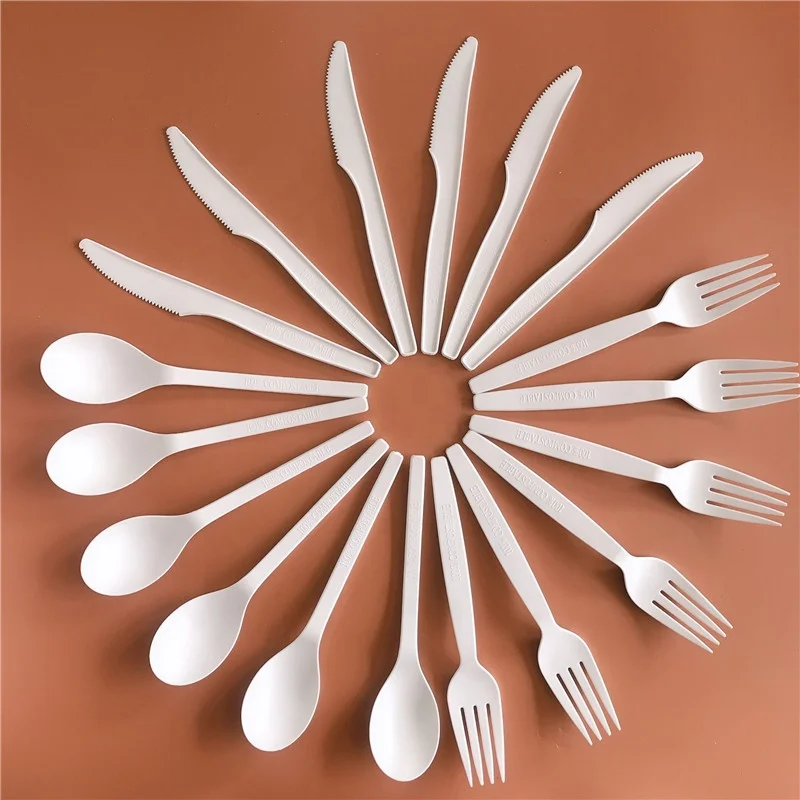 

100% eco friendly forks spoons knives flatware cpla biodegradable disposable compostable pla cutlery set, White