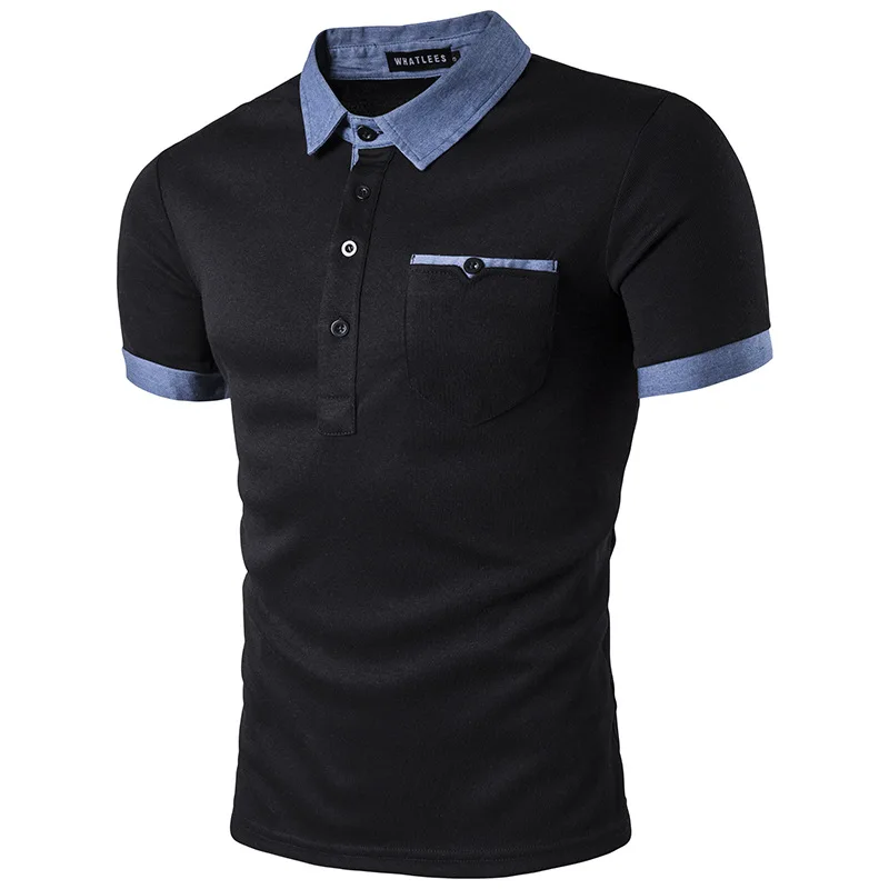 

Summer Men Polo Shirt Denim Patchwork Collar Mens Causal Polo Tshirt