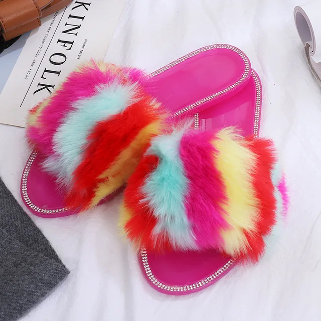 

Winter Home Slippers Shoes Ladies Soft Plush Furry Female Open Toe Slides Women Warm Faux Fur Slippers, As picture