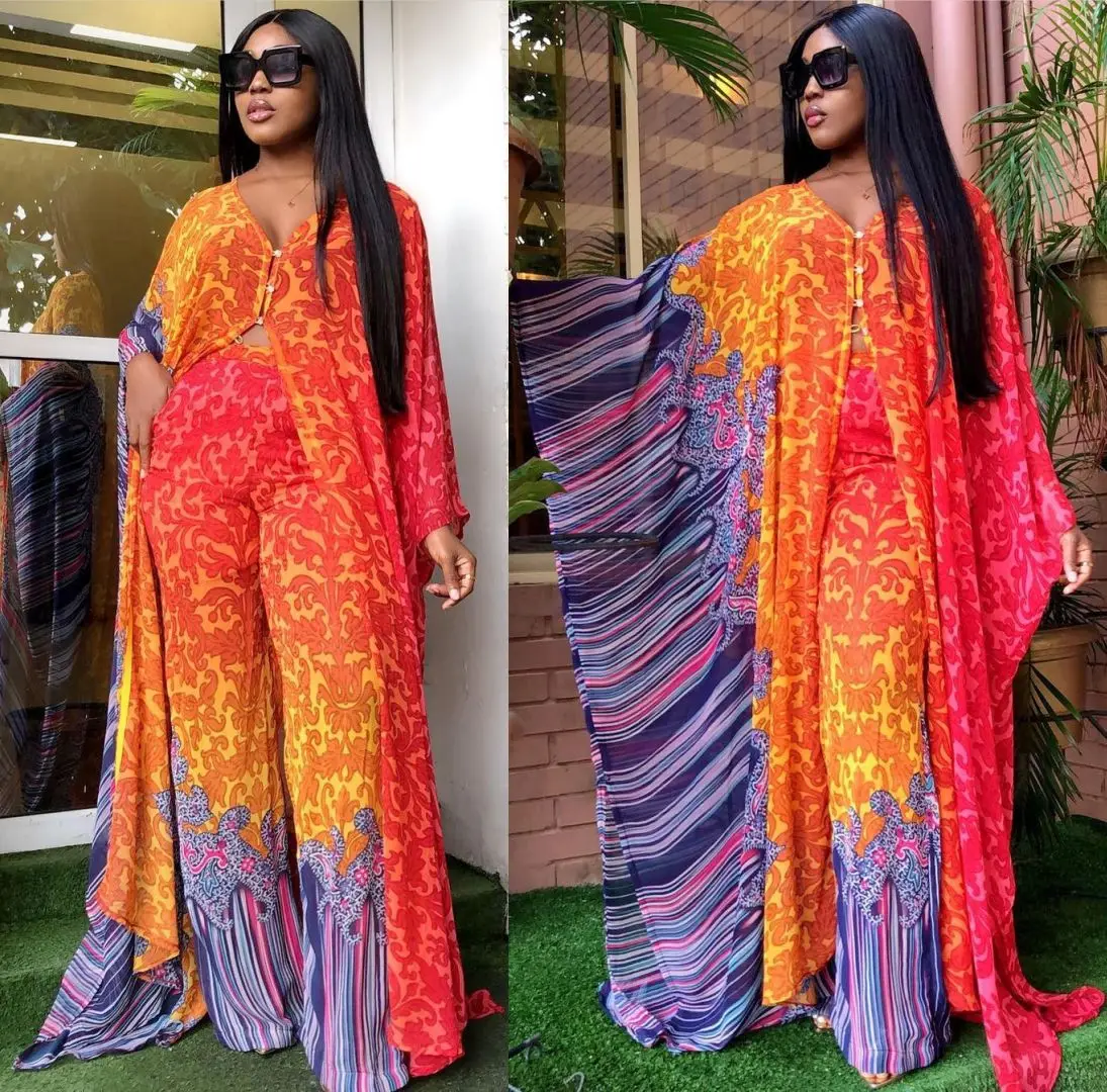 

Europe and the United States 2021 new coat with pants chiffon vest skirt two-piece suit African robe dress, As showed