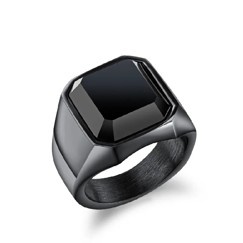 

2021 New Arrival Black Glass Stone Ring Simple Design Square Crystal Stainless Steel Ring For Men Jewelry, As picture show