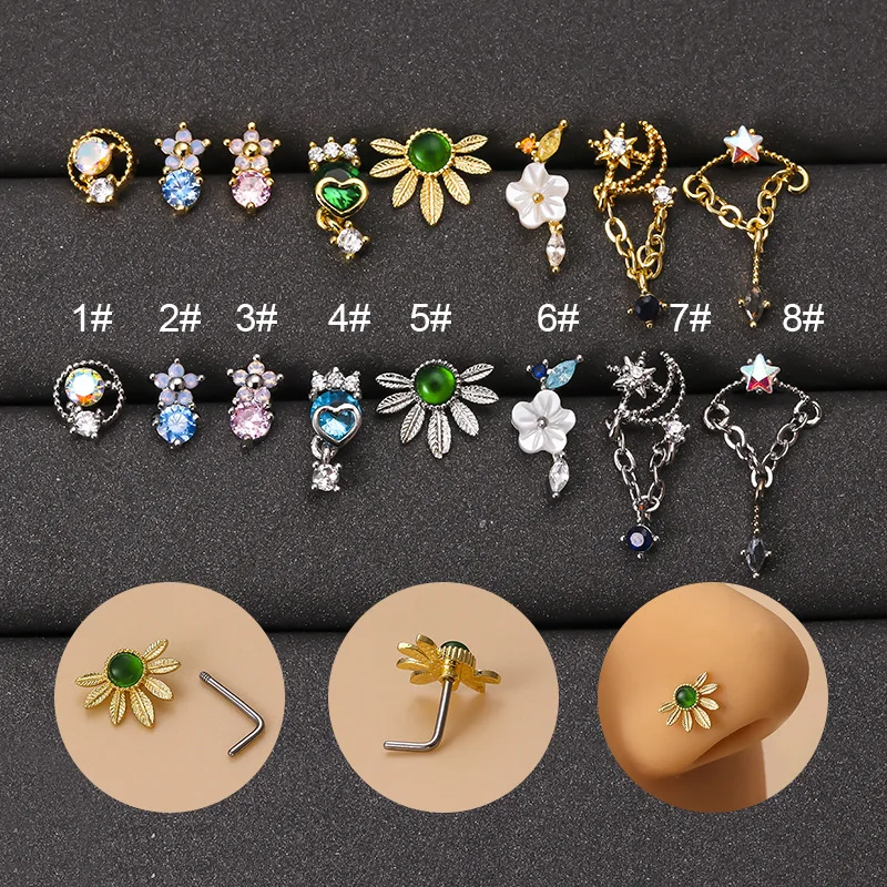 

Dainty Gold Planted Colorful Zirconia Tassels l Pole Pierced Nasal Nail Stainless Steel Green Cz Flower Nose Piercing Jewelry