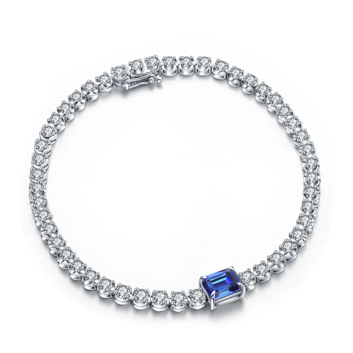 

lab grown sapphire Classic Design Tennis Bracelet Emerald Cut 9k white gold jewelry for women factory direct sale, Blue,white