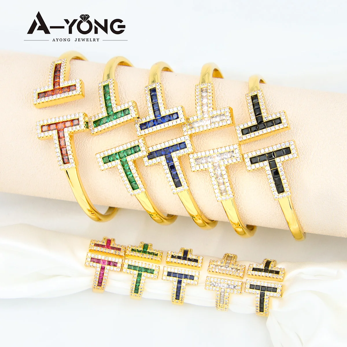 

Wholesale Prices Zircon Stone Cuff Bracelet Jewelry Sets Ring Colorful 18k Woman Jewelry New Set Gold