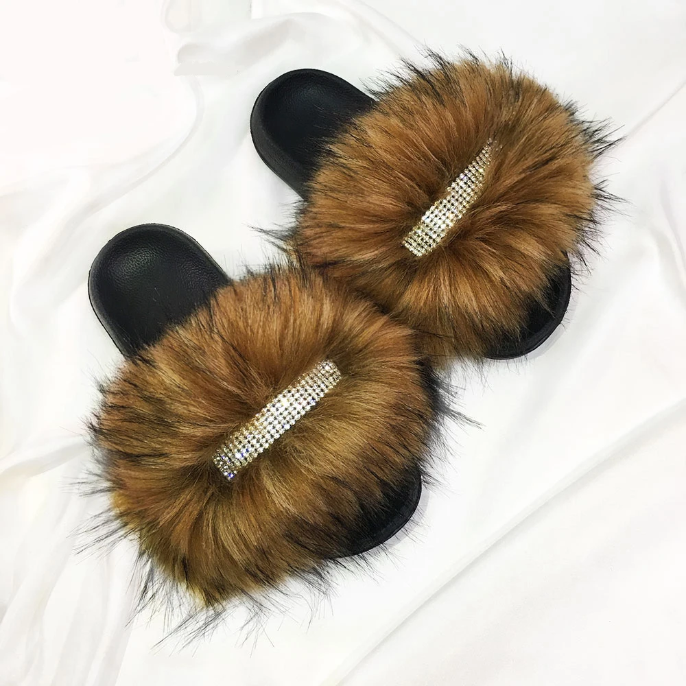 

2021summer fashion rhinestone sandals women fluffy faux fur slippers ladies shoes