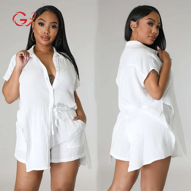 

GX1507 Fashion Summer Women Clothes Boutique Street Wear Short Sleeve Long Shirt and Shorts Matching Suit 2 Piece Set