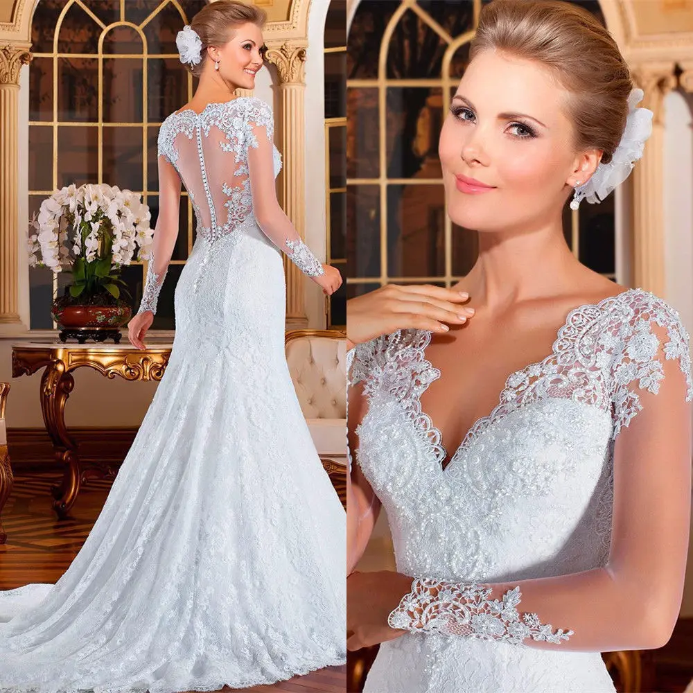 

Latest Vestidos De Novia Sencillo Transparent Deep V Bride Wedding Dress Long Sleeve