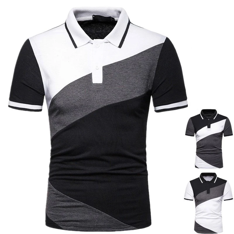 

2021 men's casual Lapel color matching loose short sleeve shirt polo, White, black, dark gray