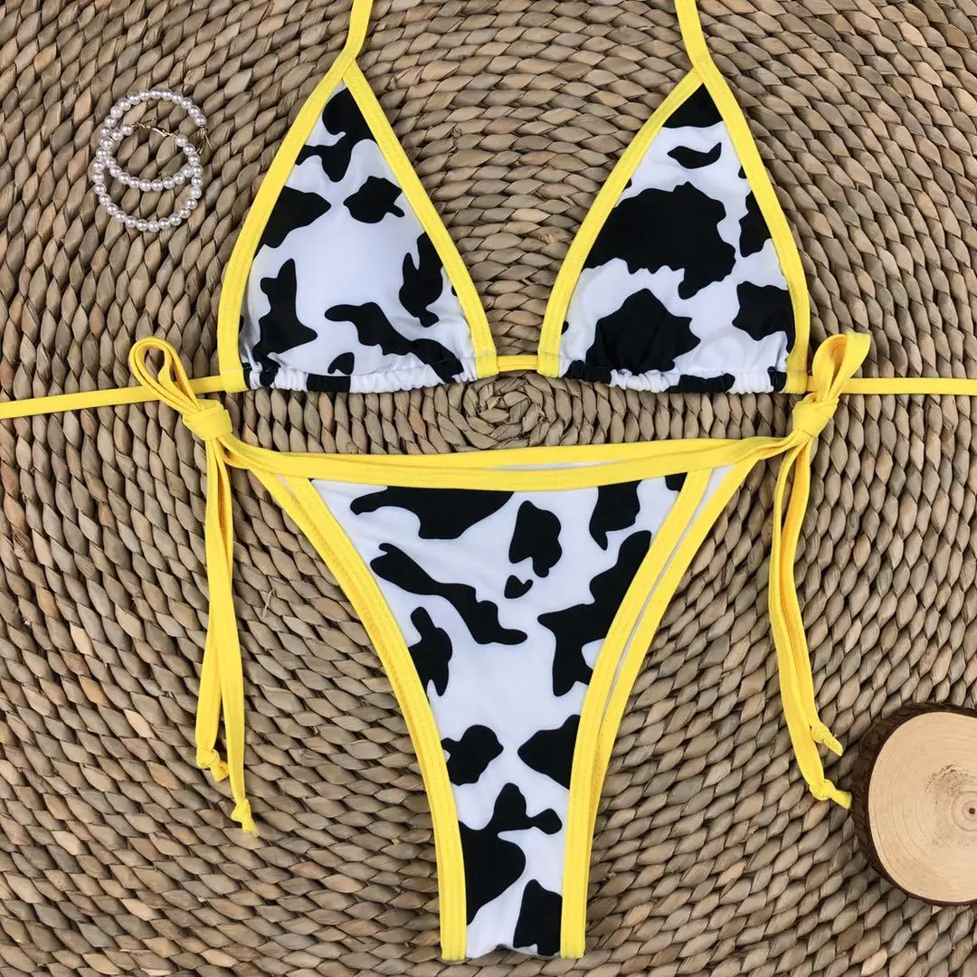 

Dress 2021 Bikini Set Women's Ladies Bathing Fashion Sexy Cow Print Triangle Halter Woman Bathing Suit, Picture shows