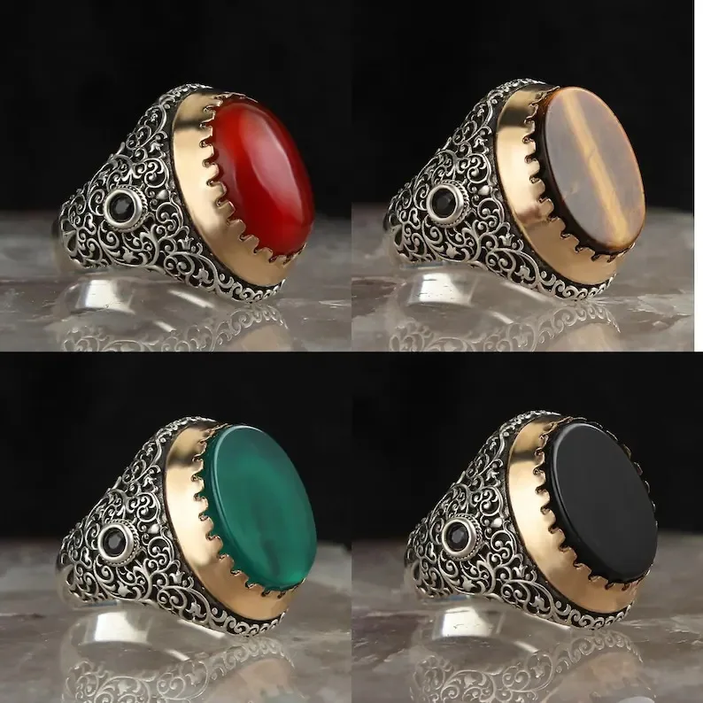 

SC New Arrival Vintage Finger Rings Fashion Gold Moonstone Rings Retro Mature Colored Gemstone Rings for Men